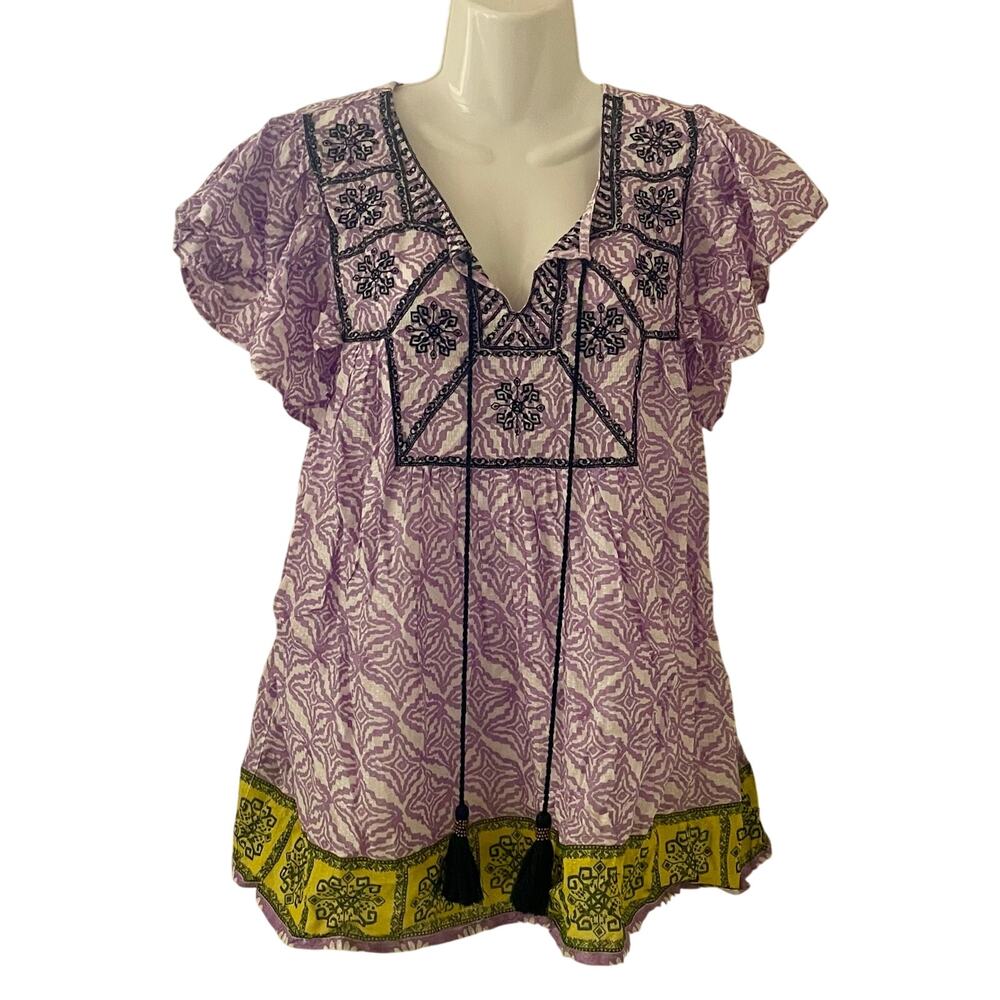 Rachel Zoe Women’s Beautiful NWT Purple Blouse w/Blue Embroidery-Tie Tassels XL
